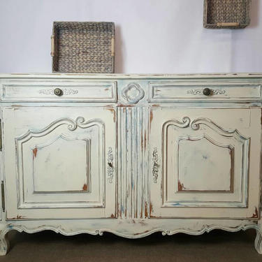 Country Chic Buffet / Side board / Beige and blue dry brush piece / Accent table by Unique