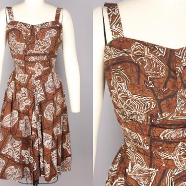 1950s Tropical Block Print Dress · Vintage 50s Brown & White Cotton Dress with Full Skirt · Extra Small / Small 