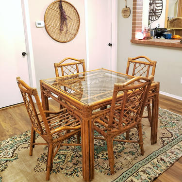 FREE SHIPPING! Vintage Rattan Dining Table Set, Glass Top, Four Chairs | Boho Bamboo Ritts Tropitan MCM Mid-Century Hollywood Regency 