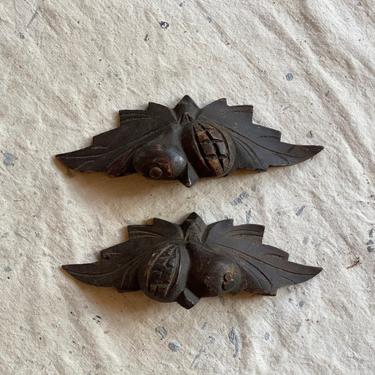 Pair of 1890s Victorian Carved Fruit &amp; Nut Left and Right 8” Drawer Pulls 