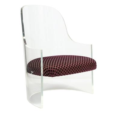Barrel Back Lounge Chair in Thick Lucite with Upholstered Seat 1970s