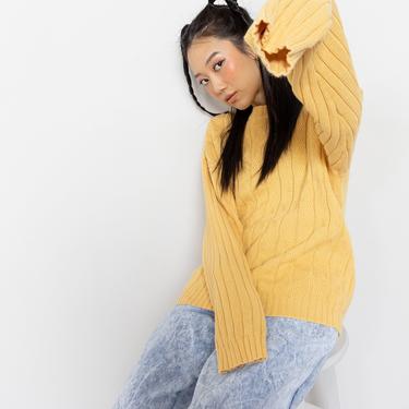 YELLOW COTTON SWEATER Vintage Women's Cable Knit Pullover Medium / Large 