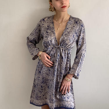70s tissue thin silk dress / vintage indigo block print silk plunge empire mini dress / resort wear silk house dress | S 