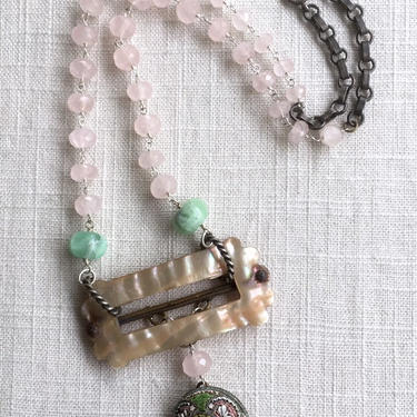 The May Queen [assemblage necklace: antique micromosaic, antique buckle, marble, rose quartz] 