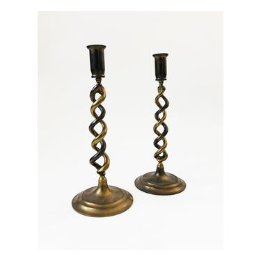 Pair of Tall Vintage Brass Spiral Candle Holders 