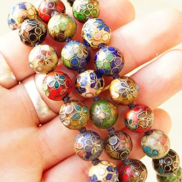Vintage Chinese Cloisonné Bead Necklace, Colorful Enamel Beads, Beautiful Floral Design, Single Strand 12mm Beads, 26” Long 