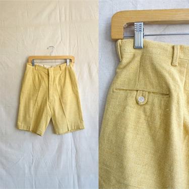 Vintage 70s Yellow Walking Shorts/ 1960s Mens High Waisted Tweed Cotton Slim Cut/ Size 28 