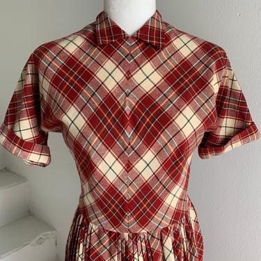 Early 50's Plaid Wool Chevron Bodice  34 Bust Dress Schoolgirl Lolita Vintage Day-Dress 