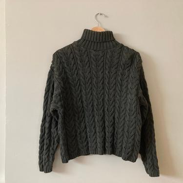 Vintage Dark Green Chunky Cable Knit Turtleneck Sweater 