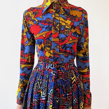 Vintage 70s Psychedelic Printed Cotton Button-Front Shirt with Exaggerated Collar 