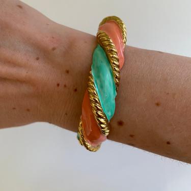Designer Coral and Blue Enamel Gold Hinged Bracelet