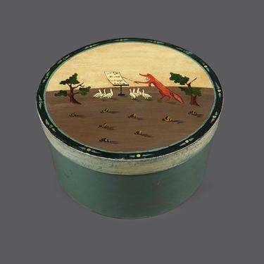 Hand-Painted Papier Mache Shaker Style Box Round Box Fox And Singing Geese Goose American Art Folk Jewelry Chest Box Medium Large Storage 