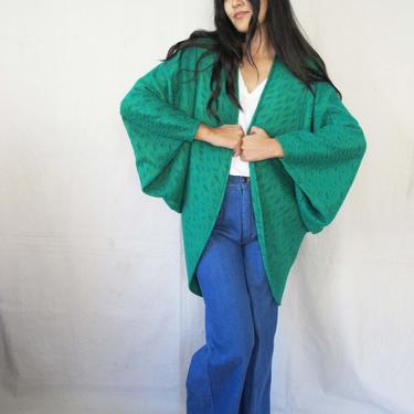 Vintage 80s Draped Big Shoulder Robe Cardigan OS - Green Knit Avant Garde Minimalist Robe Jacket - Cocoon Cardigan 