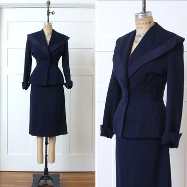 vintage 1940s women's gabardine suit • navy blue fit &amp; flare jacket and pencil skirt with dramatic sailor collar 