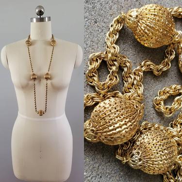 1970's Long Gold Metal Necklace 70's Jewelry 70s Boho Chic Hey