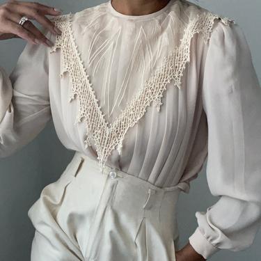 vintage 80s  favorite victorian inspired choir pastoral semisheer antique lace pleated blouse 