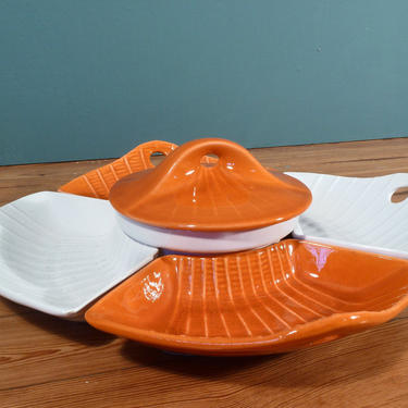 Vintage California Pottery Lazy Susan Relish Set - Orange and White - Mid Century Modern - Ceramic Snack Set 