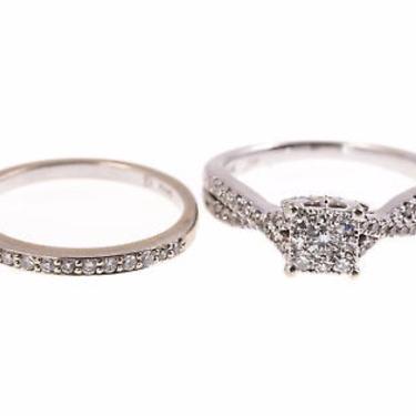 10k white gold Diamond Engagement Ring & 14k white gold diamond wedding Band Set 