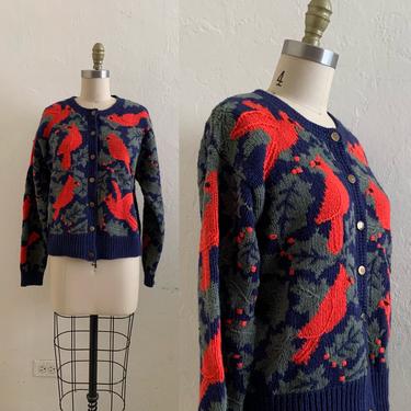 vintage 80's cardinal knit cardigan // holiday bird knit sweater 