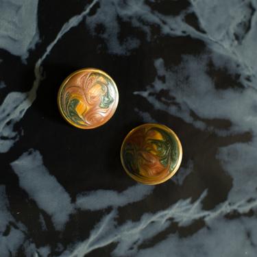 70s Watercolor Swirls Painted Enamel Earrings // Vintage Enamel Sparkling Glitter Earrings // Painted Gold Discs 
