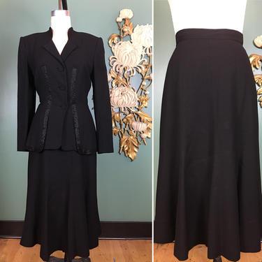 1940s 2 piece suit, vintage 40s suit, black wool suit, tailored 40s skirt and jacket, medium, Nathalie Nicoli, 30 waist, film noir, power 