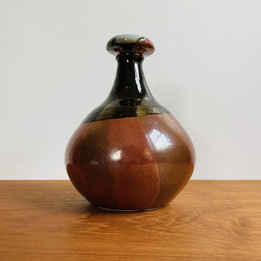 Vintage studio pottery bottle with crackle glass stopper / black and red ceramic decanter / boho modern handmade decor 