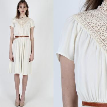 Plain Ivory Lace Short Dress / Solid Off White Prairie Dress / Vintage 80s Disco Romantic Tea Party Mini Dress 