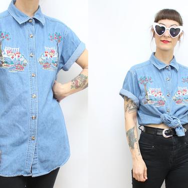 Vintage 90's Blue Denim Blouse with Sleeping Cat Embroidery / 1990's Denim Button Up Top / Spring Summer  Cotton Women's Size Small - Medium by Ru