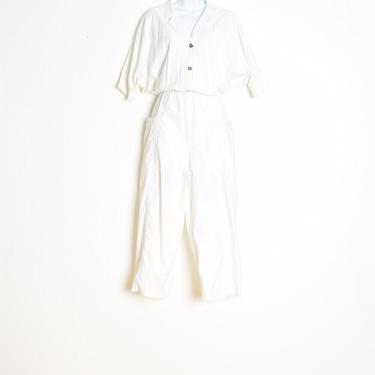 vintage 80s jumpsuit white cotton dolman flight one piece outfit romper L XL clothing 