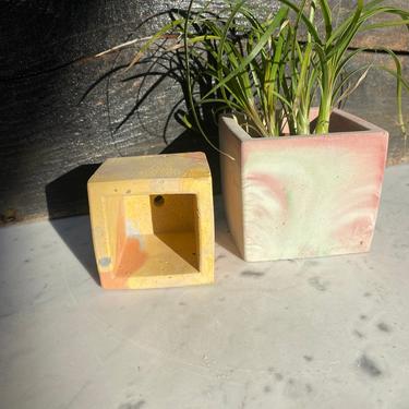 Set of Two Marbled Square Marbled Concrete Pots 