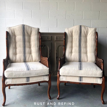 Pair of Vintage double-cane wingback chairs, England, reupholstered in vintage hemp fabric/grainsack. 
