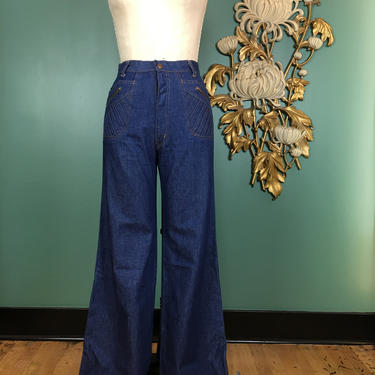 1970s jeans, wide leg jeans, braided pockets, vintage jeans, bohemian jeans, high waist jeans, hippie jeans, vintage denim, 27 waist, boho 