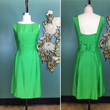 1960s sheath dress, vintage 60s dress, Kelly green polished cotton, small medium, ann barry jr, Audrey Hepburn style, low back, mod dress 