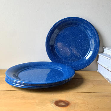 Blue Enamelware Plates, Blue Enamel Ware Dinner Plates, Graniteware, Set of 6 