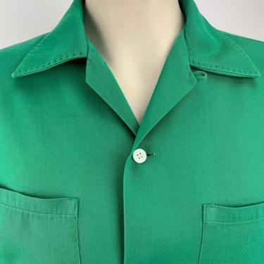 1950'S Gabardine Shirt - PENNEY'S TOWNCRAFT - Beautiful Green Rayon - Patch Pockets - Top Stitching Details - Loop Collar - Men's Size Large 