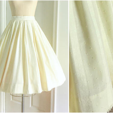1950s Pleated Yellow Swiss Dot Striped Cotton Circle Skirt Modern Jr 