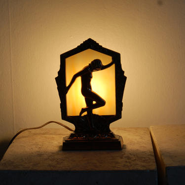 Frankart Style Art Deco Nymph / Nude &quot;The Lindsey&quot; Bedside / Accent Copper Tone Frame w Original Root-Beer & Cream Slag Glass Table Lamp 