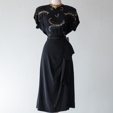 Vintage 1940s Dress - 40s Rayon Cocktail Dress With Beaded Feather Motif Size Medium // Waist 28 by xtabayvintage