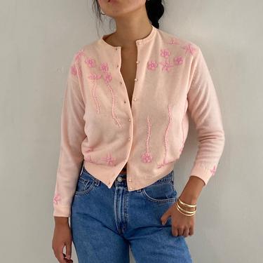 60s hand beaded embroidered floral cardigan sweater / vintage blush pink hand embellished glass beads pearls floral lambswool cardigan | M 