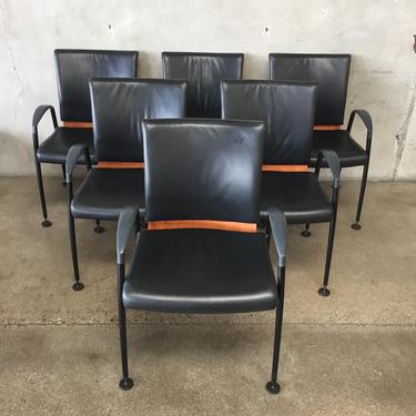 Modern Leather and Wood Arm Chairs - Set of 6