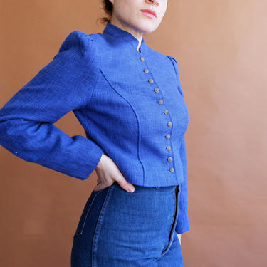 Vintage Cropped Puff Sleeve Jacket/ Traditional Bavarian Trachten Jacket/ Blue Coat/ Size Medium 