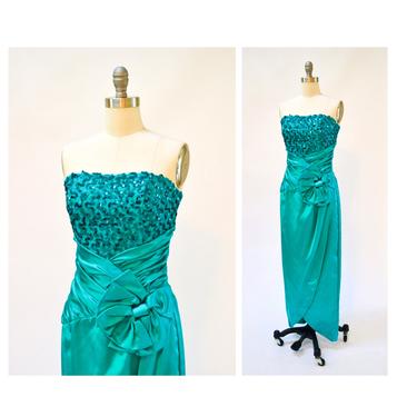 Vintage 80s 90s Prom Sequin Dress Small Strapless Gown Teal Green// 80s Metallic Sequin Gown Blue Green Drag Queen Pageant Dress Zum Zum 