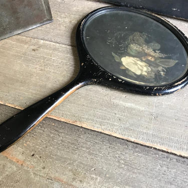 1920s French Boudoir Hand Mirror, Oval, Beveled Glass Mirror, Black, Larger Size 