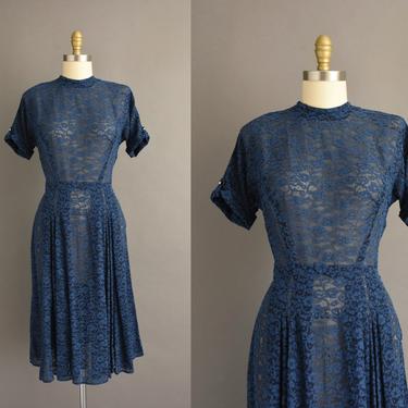 1950s vintage dress | Beautiful Navy Blue Semi Sheer Short Sleeve Dress | Large | 50s dress 