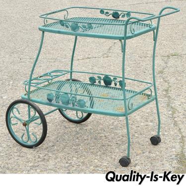 Vintage Wrought Iron Woodard Chantilly Rose Green Bar Tea Cart Server