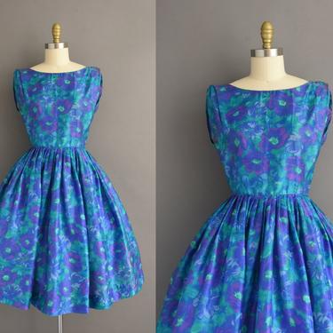 1950s vintage dress | Gorgeous Blue &amp; Purple Floral Print Sweeping Full Skirt Silk Dress | Medium | 50s dress 