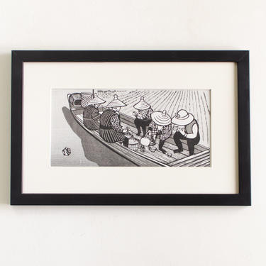 Vintage Original Artwork Stamped by Artist Gihachiro Okuyama Framed Mid Century Original Japanese Woodblock Print Titled &amp;quot;Lunch Time&amp;quot; 
