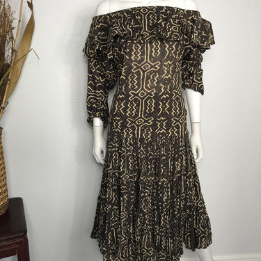 Vtg 80s Norma Kamali ethnic tribal mudcloth 2 piece cotton skirt set XS 