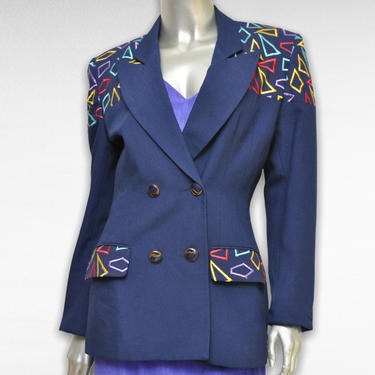 Vintage Womens Navy Blue Double Breasted Blazer with Colorful Asymmetric Design Shoulders Medium 80’s Jacket 