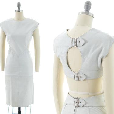 Vintage 1980s Dress | 80s CLIMAX White Leather Buckled Strappy Open Back Bondage Fetish Wiggle Party Dress (x-small/small) 